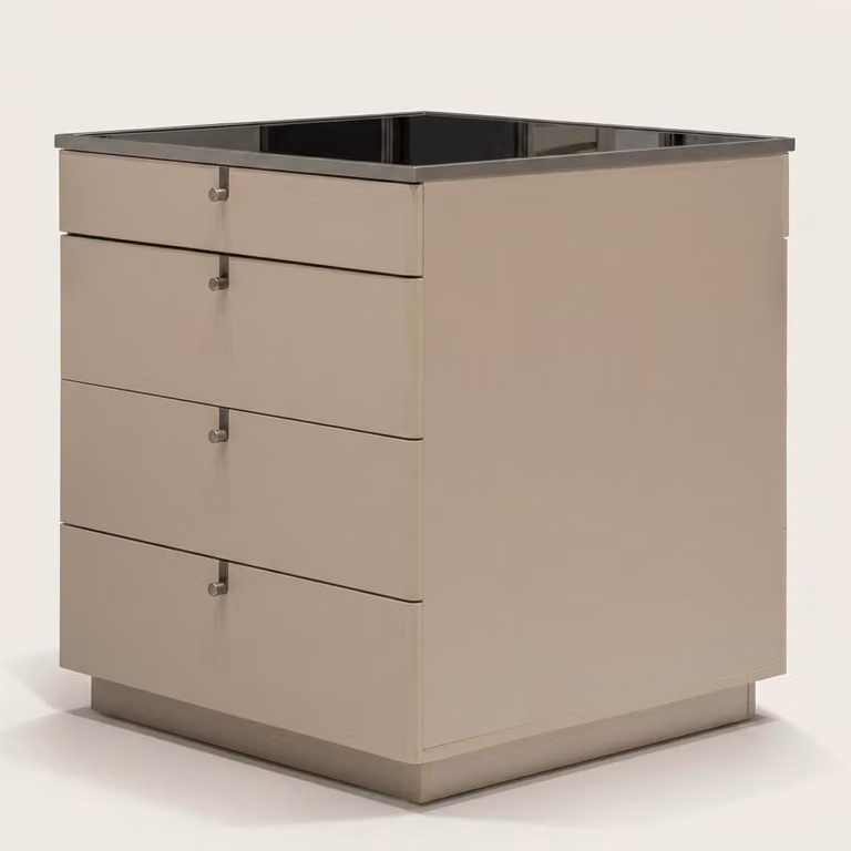 Comodino beige, stile moderno, confortevole, pratico, compatto, funzionale, robusto