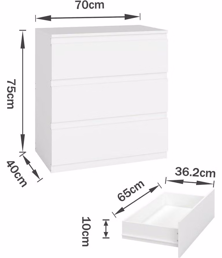 Comodino bianco opaco con cassetti, mobile contenitore per soggiorno, camera da letto, ingresso e bagno