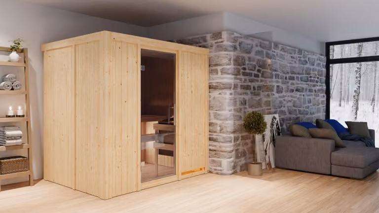 Sauna Bodin: senza cornice luminosa sul tetto: stufa finlandese da 9 kW + centralina Easy Finn. Porta: interamente in vetro, colore grafite. Cornice luminosa sul tetto: assente. Stufa per sauna: stufa finlandese da 9 kW + centralina Easy Finn. Porta per s