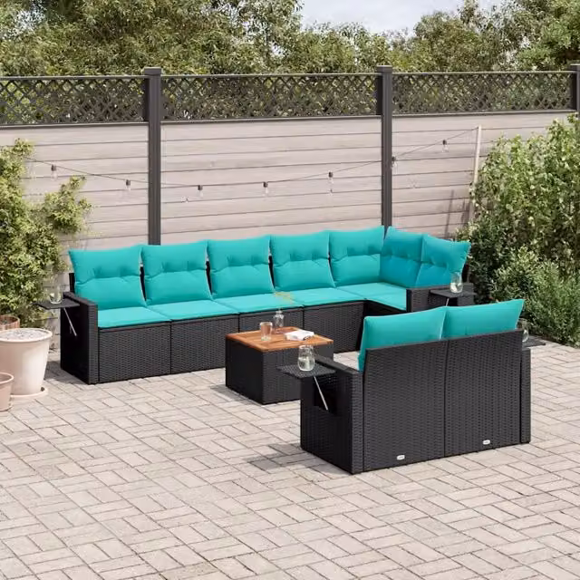 Set Divani da Giardino 9 pz con Cuscini Nero in Polyrattan 3224650