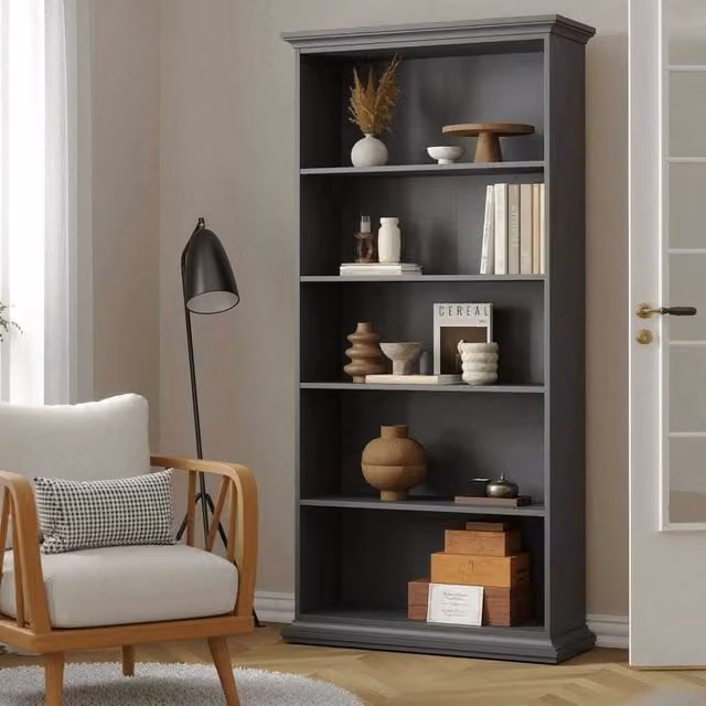 Libreria Aragon DMORA, Scaffale da ufficio e mobile portalibri moderno in MDF, Grigio, L 96 cm x P 36,6 cm x H 200,76 cm – 1