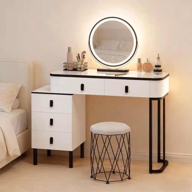 Toeletta 125x40x100 cm bianca e nera – specchio LED con sgabello