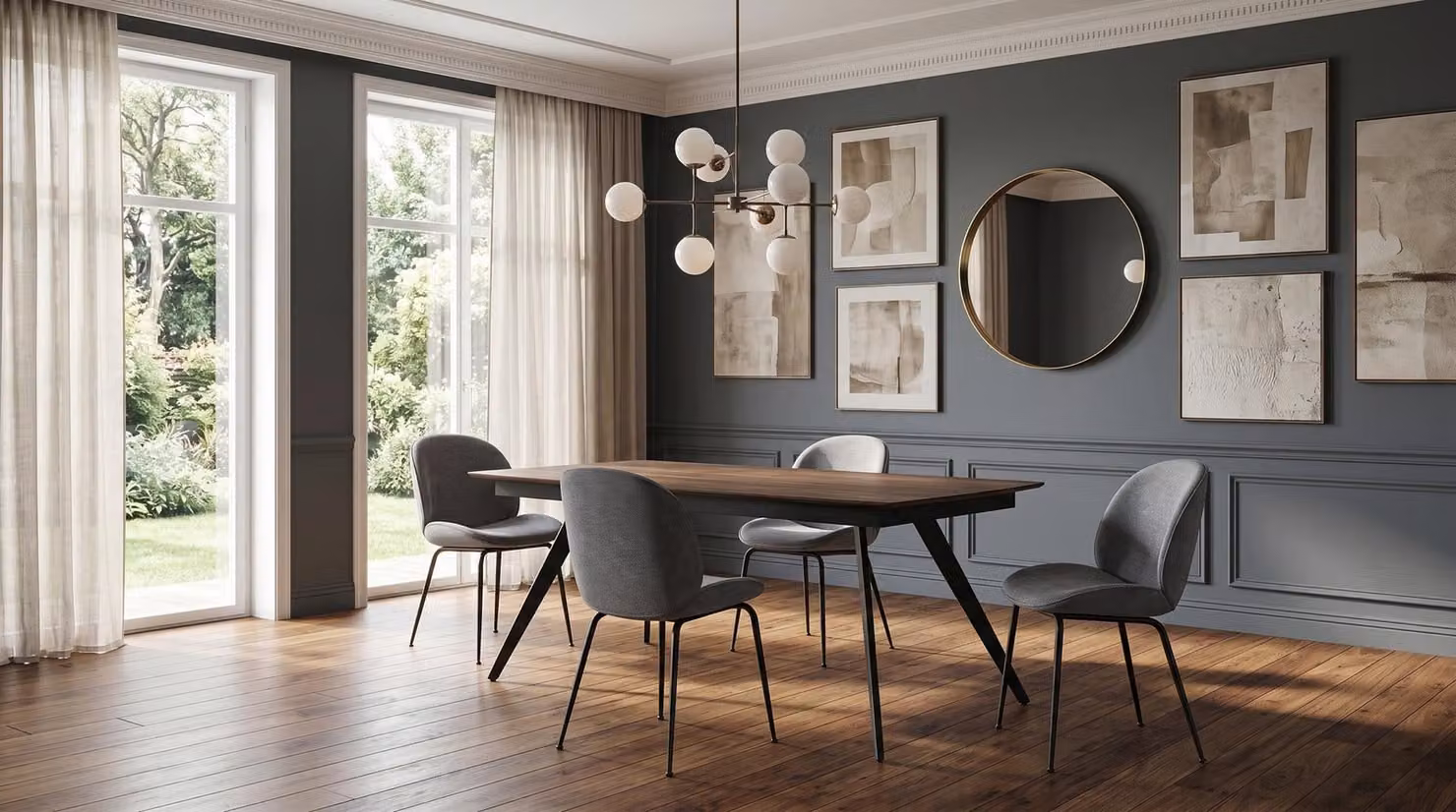Set per sala da pranzo, stile moderno: tavolo e sedie (4 pezzi), colore grigio e marrone, design industriale, confortevoli