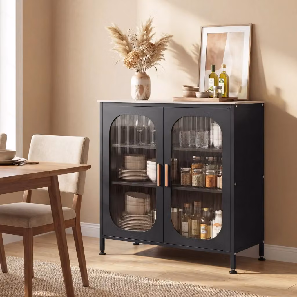 Credenza buffet mobile contenitore con 2 ante semitrasparenti e ripiano regolabile, Nero, L: 83 cm, P: 42 cm, H: 85,5 cm – 2