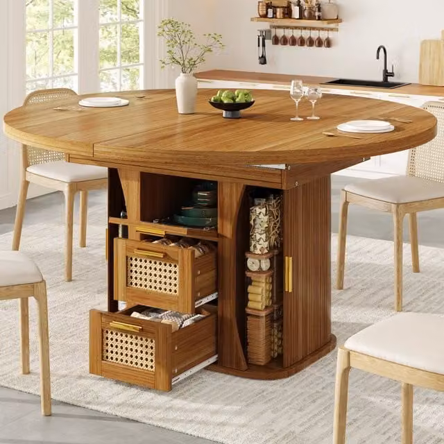 Tavolo Allungabile Rotondo REDOM in MDF Effetto Rovere Marrone L: 118 cm, P: 118-158 cm, H: 77,1 cm