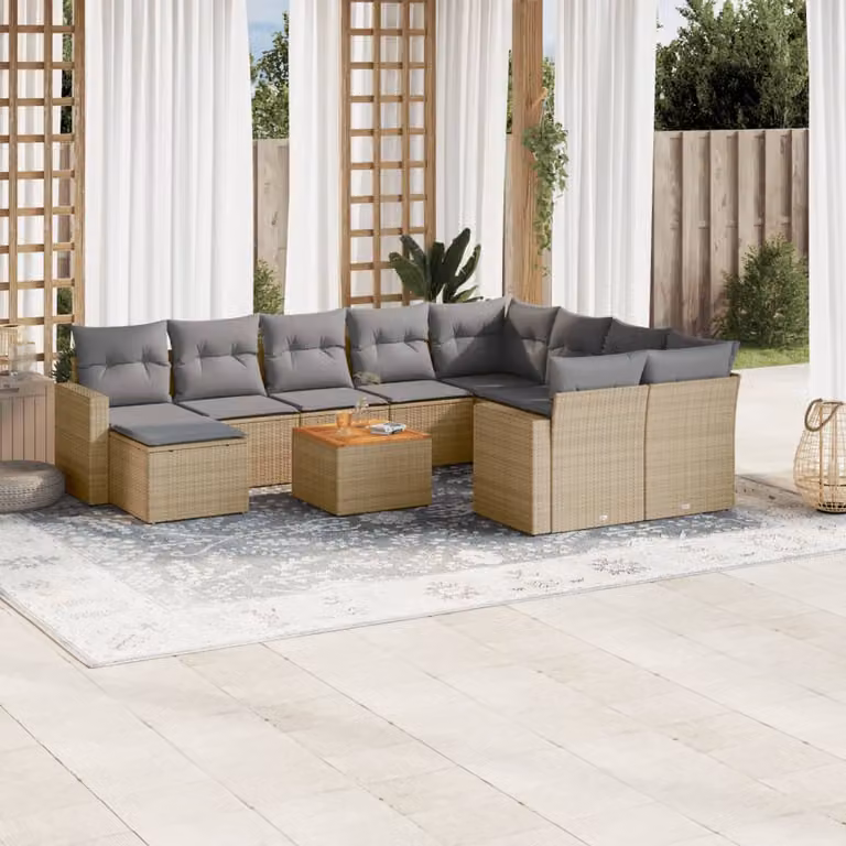 Set Divano da Giardino vidaXL 11 pz a Forma a L con Cuscini Beige e Grigio in Polyrattan e Legno di Acacia