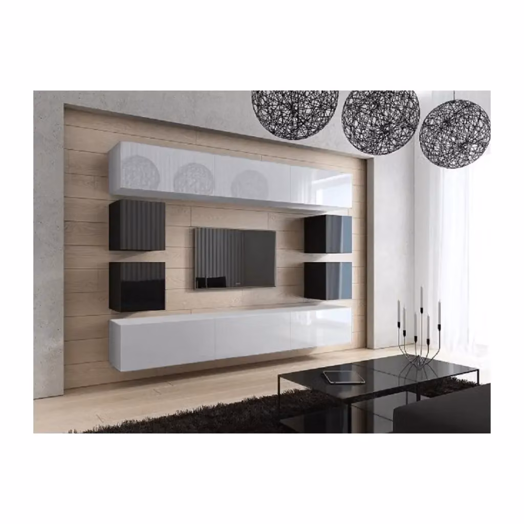 Set di mobili da soggiorno sospesi Meublorama collezione CEPTO XVII, 10 pezzi, bianco e nero con illuminazione LED integrata, L: 249 cm – 2