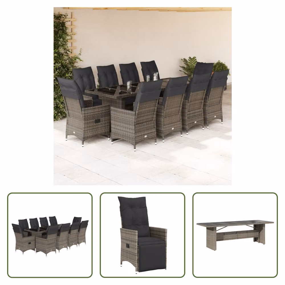 The Living Store Set bistrot da giardino 11 pezzi con cuscini in poly rattan grigio