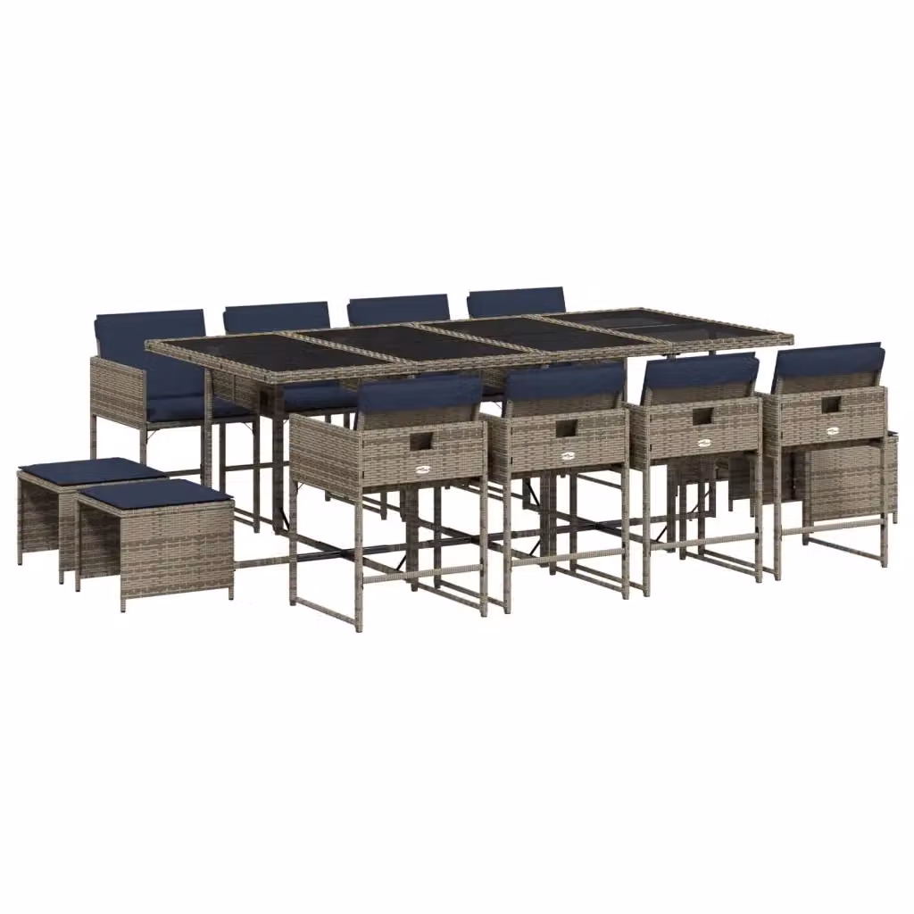 Set da pranzo da giardino vidaXL in polyrattan grigio con cuscini e tavolo rettangolare in vetro da 13 pezzi – 2