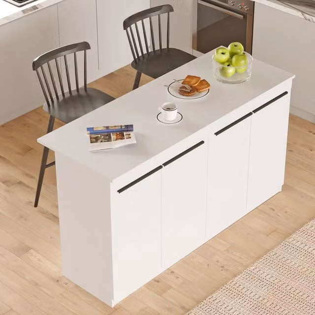 Isola da cucina DMORA Oviglio con 2 ripiani e ante a battente, colore bianco, L 160 cm x P 60 cm x H 90 cm – 1