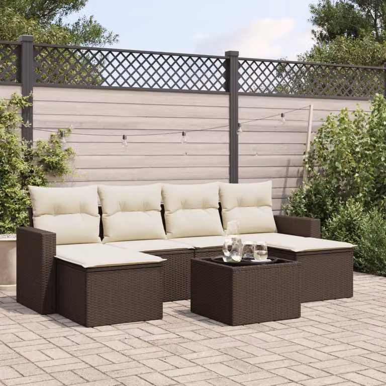 vidaXL Set Divani da Giardino 7 pz a Forma a L con Cuscini Marrone e Bianco in Polyrattan e Acciaio