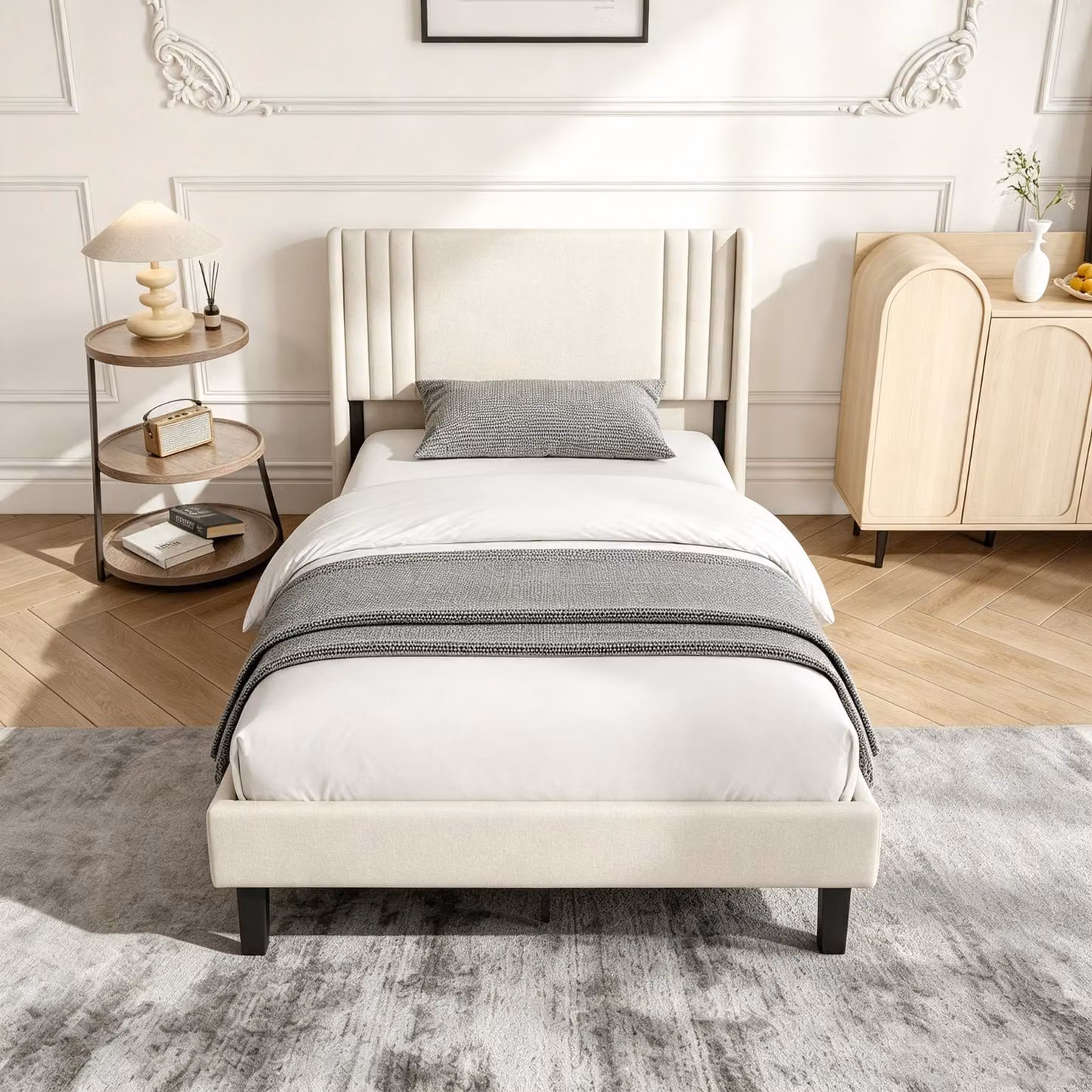 Letto imbottito INONEFT, 90x200 cm, singolo, con rete a doghe e testiera, adatto per ragazzi e bambini, struttura del letto, senza materasso, tessuto: lino, colore: beige