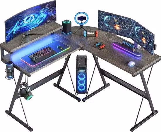 Scrivania d'angolo da gaming a forma di L Unyqoos®, 130x130x91 cm, superficie in fibra di carbonio, LED RGB (7 colori/22 modalità), supporto per monitor, portabicchieri, gancio per cuffie