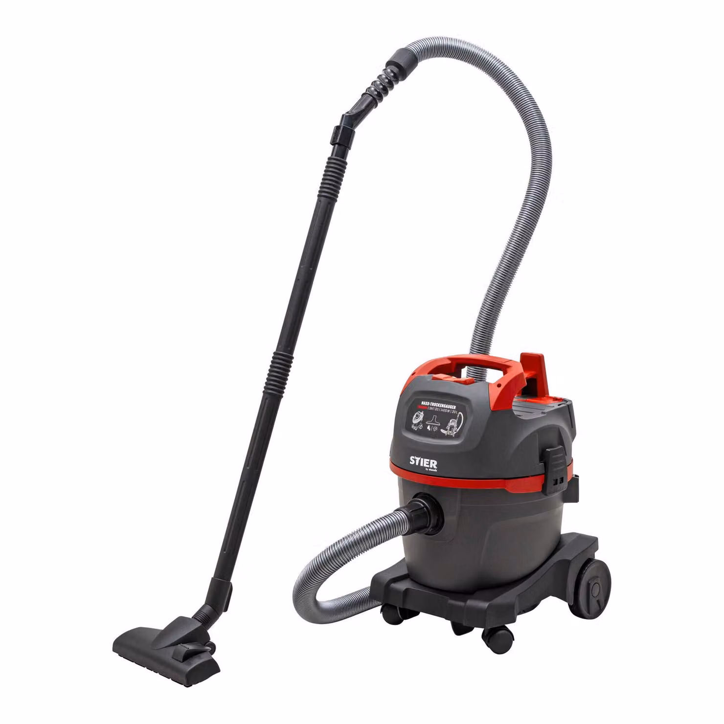 Aspiratore per liquidi e solidi STIER SNT-20 Premium, 1400 W, serbatoio da 20 litri, aspiratore industriale, cavo da 8 m, con funzione di soffiaggio e supporto per accessori, aspiratore da officina