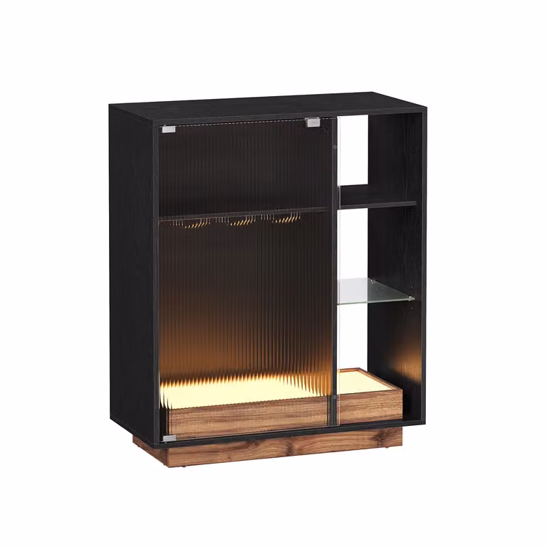 Mobiletto Bar per Salotto con Luce LED Anta in Vetro Scanalato Nero Ebano