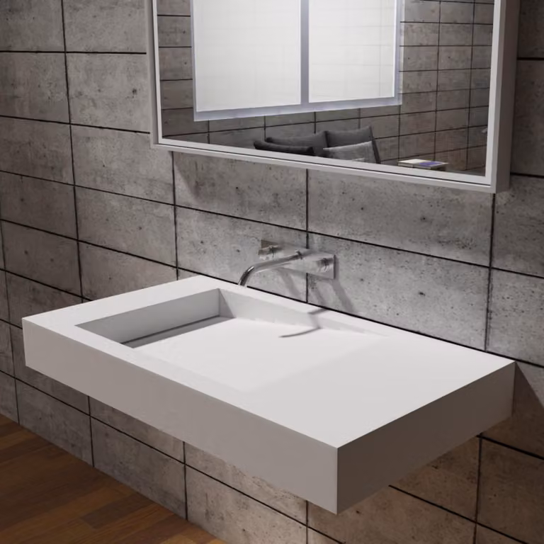 Lavabo da appoggio PB2155 in resina minerale - 100 x 50 x 12 cm - Bianco opaco - con piletta di scarico integrata