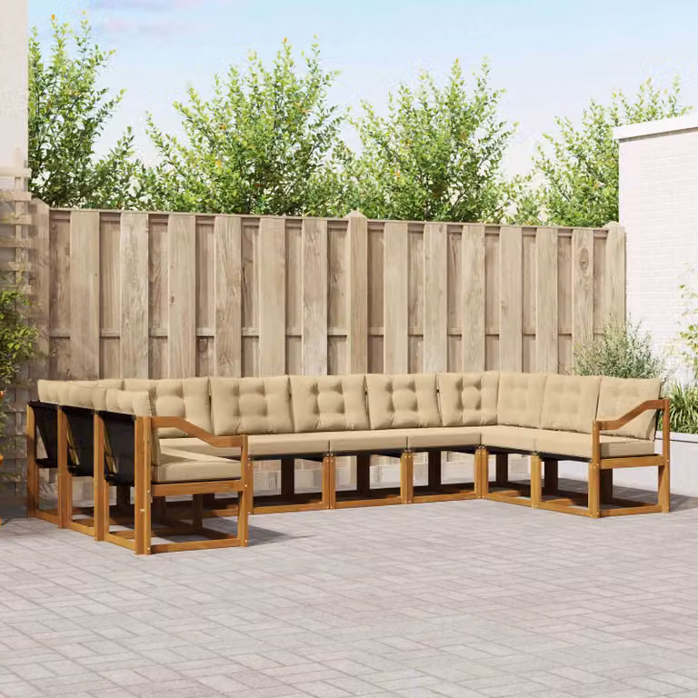 Set di divani da esterno vidaXL 10 pezzi in legno di acacia e textilene, colore beige e naturale, con cuscini inclusi, design moderno a forma di L per giardino e terrazza