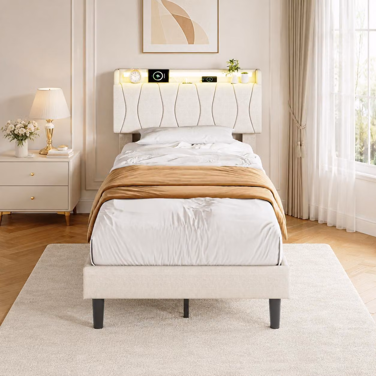 Letto imbottito INONEFT, 90x200 cm, con illuminazione LED, prese USB di tipo C e prese USB, letti singoli con spazio contenitivo nella testiera, letto per ragazzi con rete a doghe, color beige