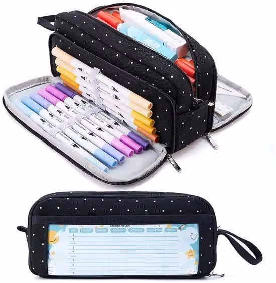 Astuccio piatto con zip in tessuto nero per scuola e ufficio