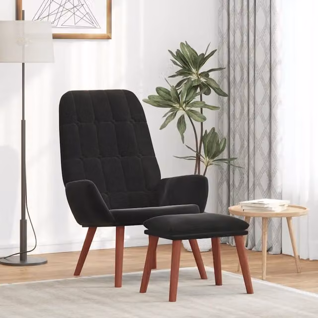 Poltrona Relax con Poggiapiedi vidaXL in Velluto Nero con Struttura in Legno e Metallo