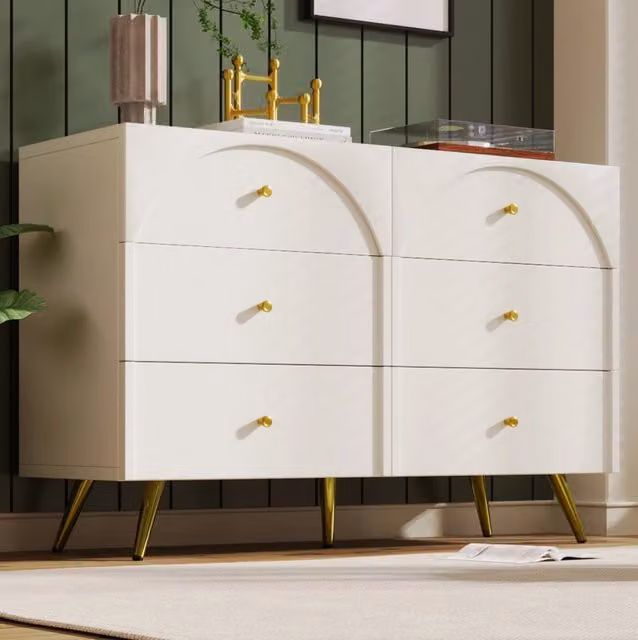 Cassettiera con 6 cassetti frontali curvi 120x40x85 cm; in truciolare e metallo; crema bianco