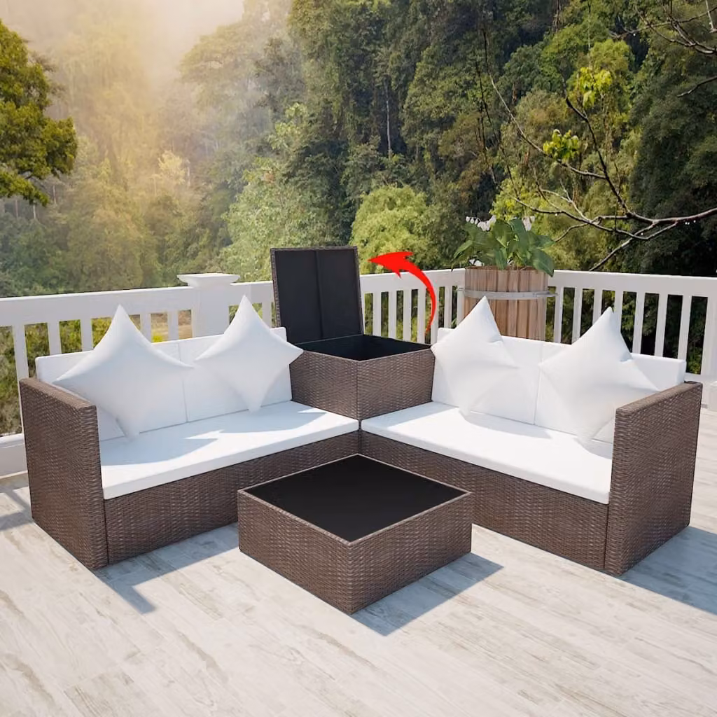 The Living Store Set salotto da giardino 4 pezzi con cuscini in poly rattan marrone