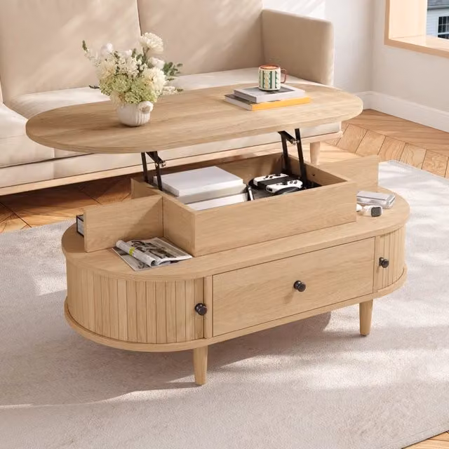 Tavolino da caffè ovale con piano sollevabile 105x50x60;5 cm in MDF naturale