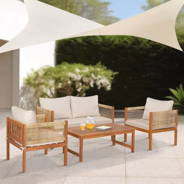 Set Salottino da Giardino Cannole casa.pro in Legno di Acacia con Divano a 2 Posti, Poltrona e Tavolino, Cuscini Beige