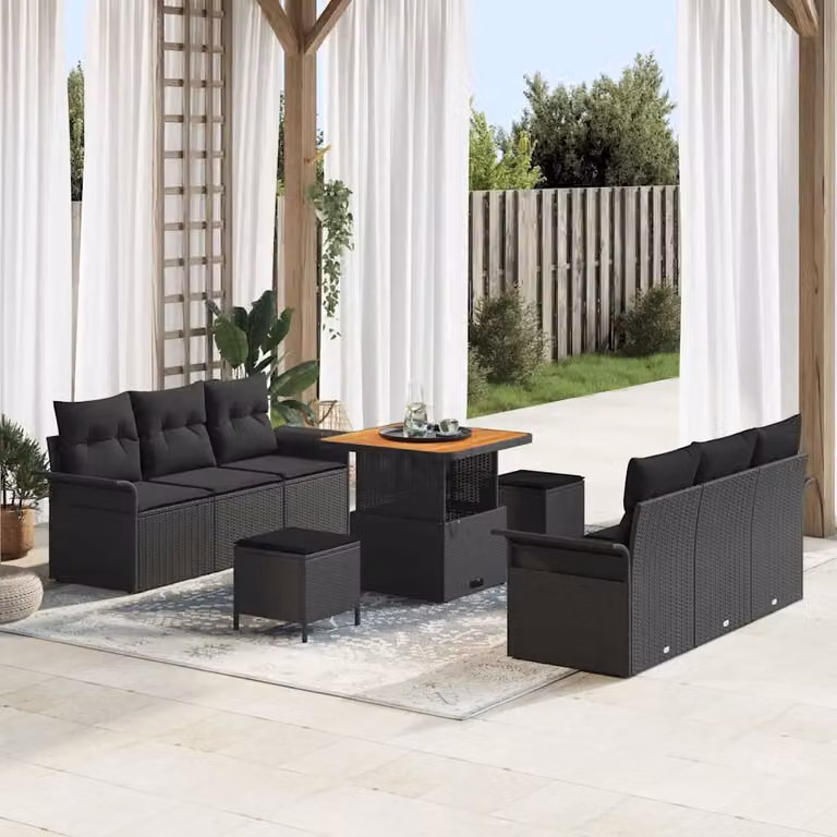 Set Divano da Giardino vidaXL a 9 posti con Cuscini e Funzione Archiviazione, Nero