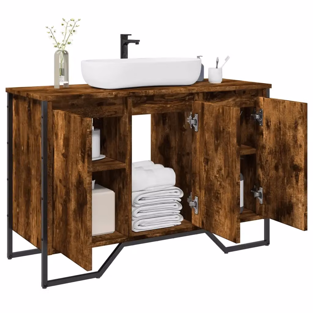Mobile Lavabo da Bagno Sospeso Design In in Rovere Fumo e Metallo, L: 91 cm, P: 35 cm, H: 60 cm – 2