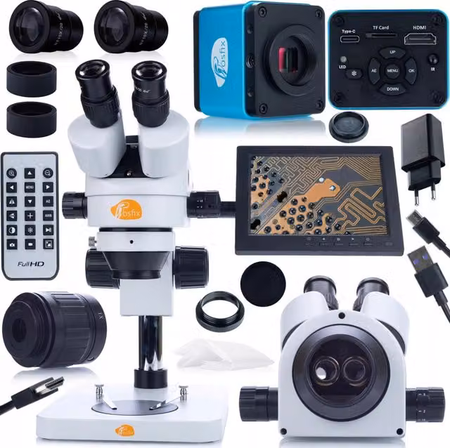Set Microscopio Completo Mercury Pro Rosfix con Telecamera e Display 8 pollici, Testa Trinoculare e Zoom 7x-45x, Colore Bianco