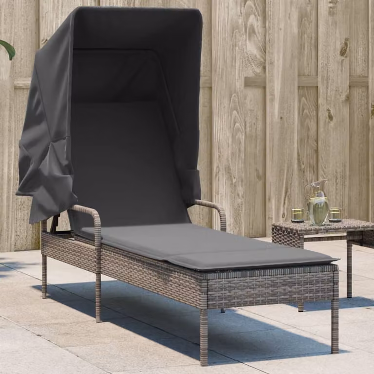 vidaXL Lettino Prendisole con Baldacchino in Polyrattan Grigio e Tessuto Resistente ai Raggi UV con Poggiatesta Regolabile