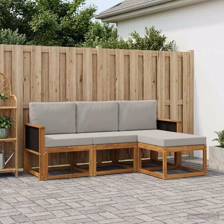 Set di divani da esterno vidaXL a forma di L in legno di acacia con cuscini, beige e grigio