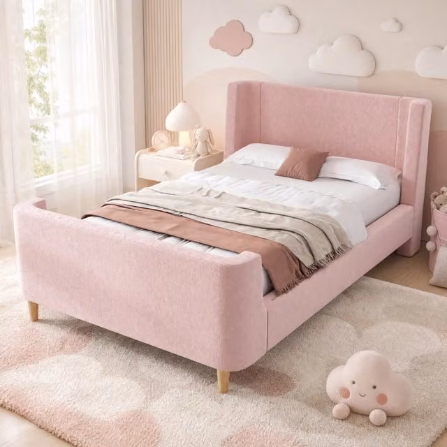 Letto singolo Mivray con testiera imbottita in velluto rosa e motivo astratto, L/P/H: 90 x 200 cm