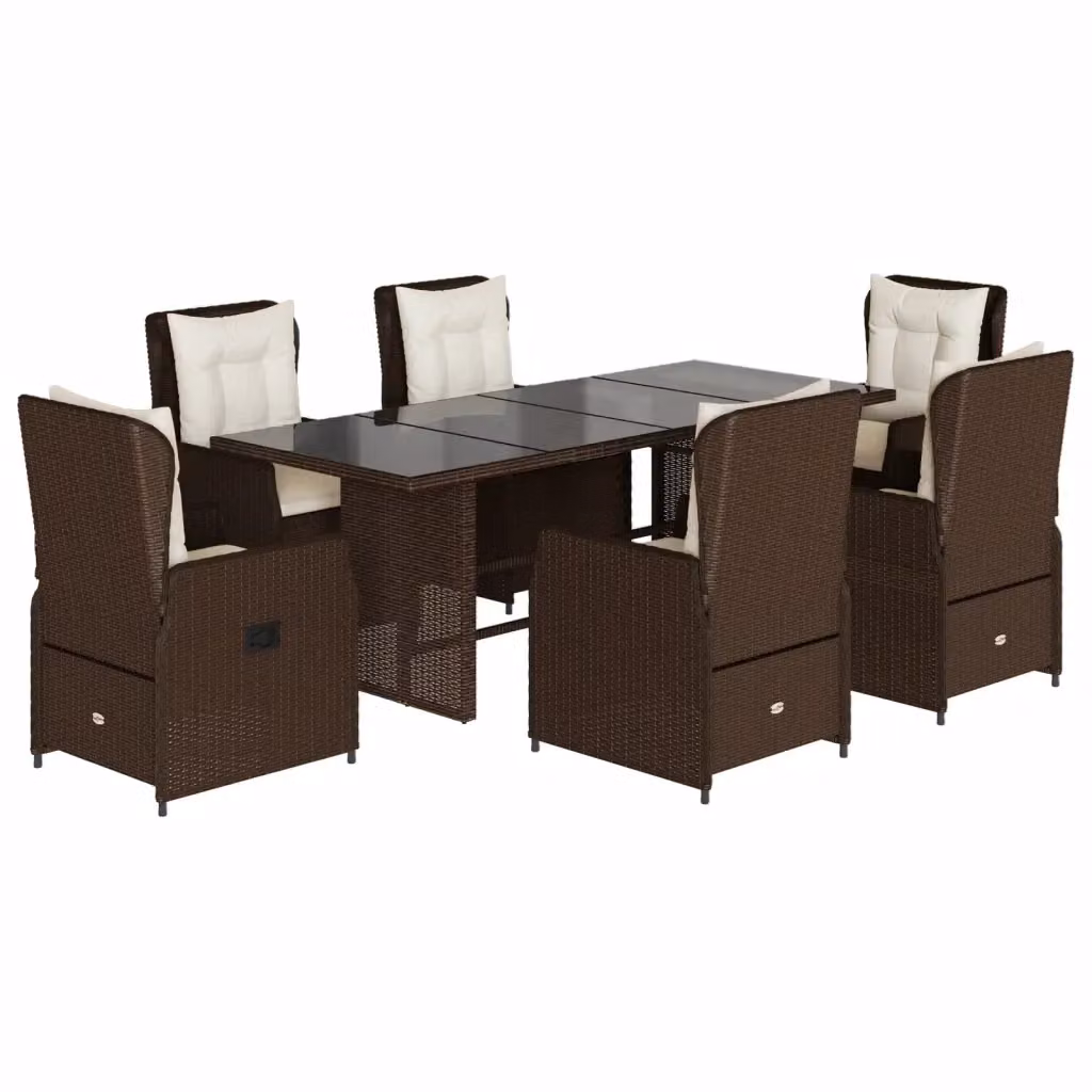 Set da pranzo da giardino vidaXL in polyrattan marrone con cuscini bianchi e tavolo in vetro – 2