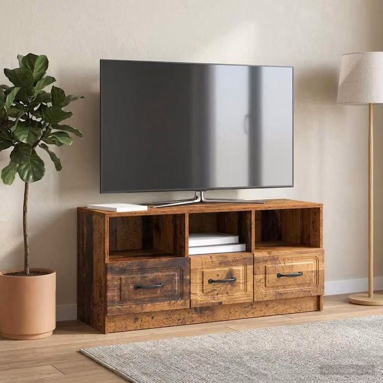 Mobile TV vidaXL in legno antico e metallo, colore marrone, L: 102 cm, P: 34,5 cm, H: 47 cm