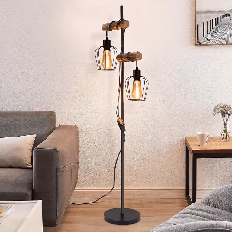 ZMH lampada piantana 2 lampadine soggiorno legno lampada da pavimento nera lampada da soggiorno piedi metallo apparecchio a piantana portalampada E27