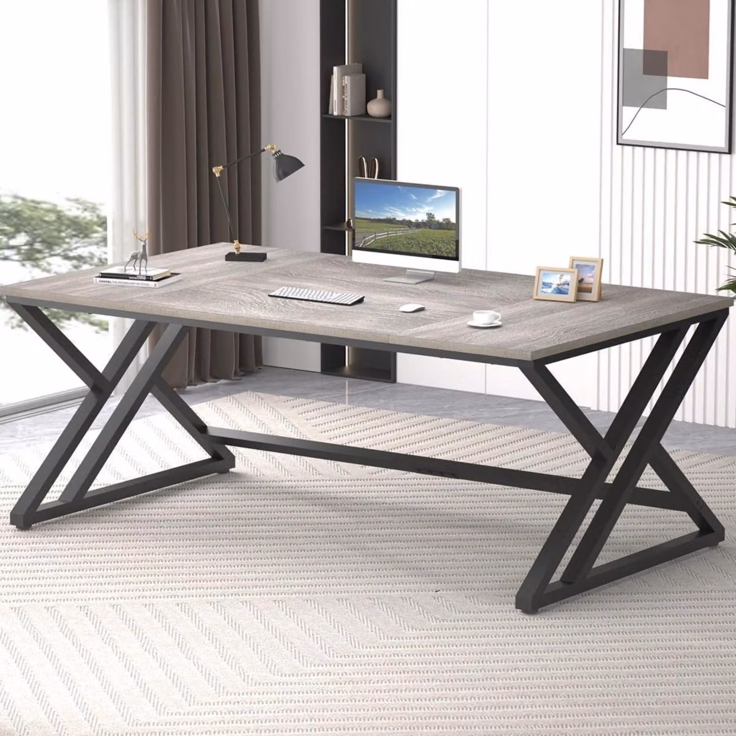 Scrivania, tavolo per computer, 180 x 80 cm, grigio, legno, quercia, metallo