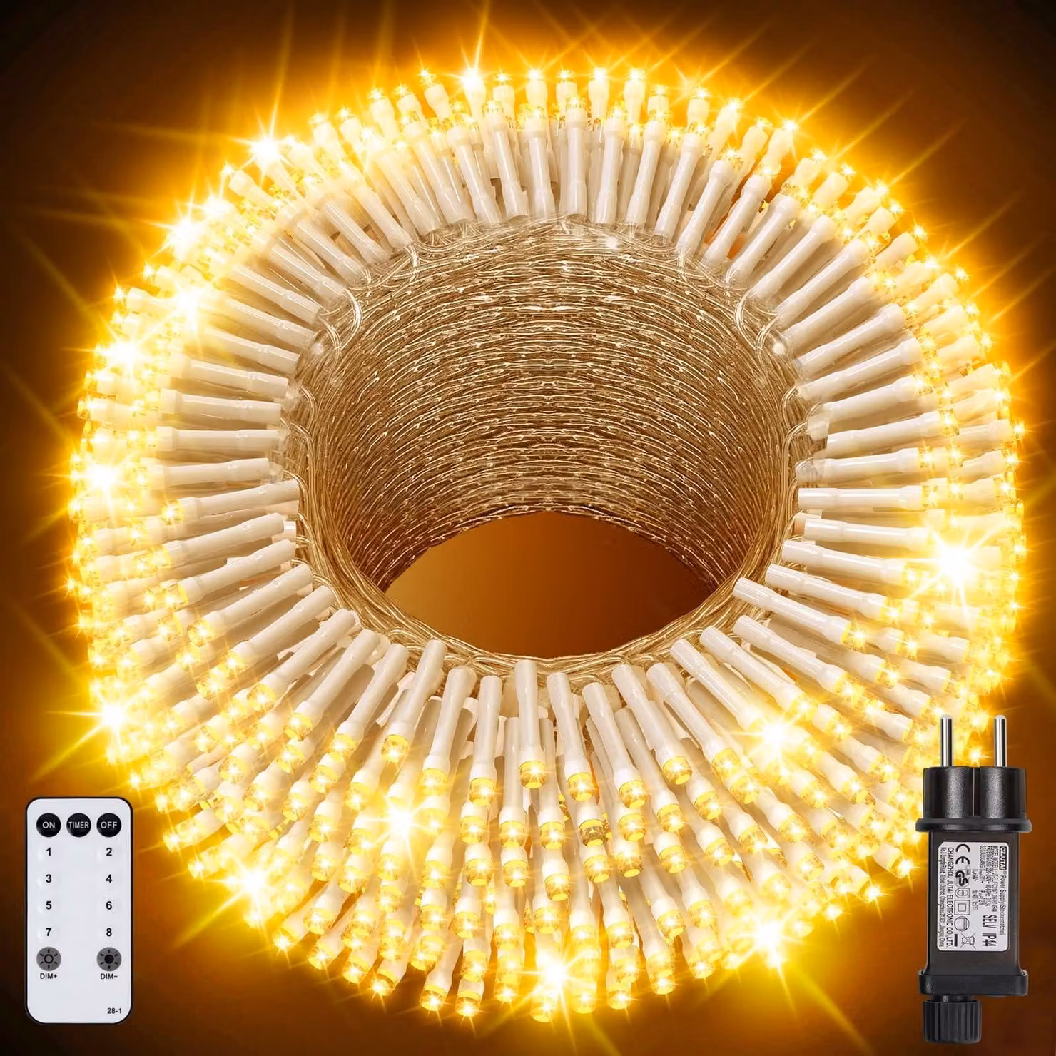 Catena luminosa da 100 metri, con 800 LED, luce bianco caldo, grado di protezione IP44, 8 modalità, timer