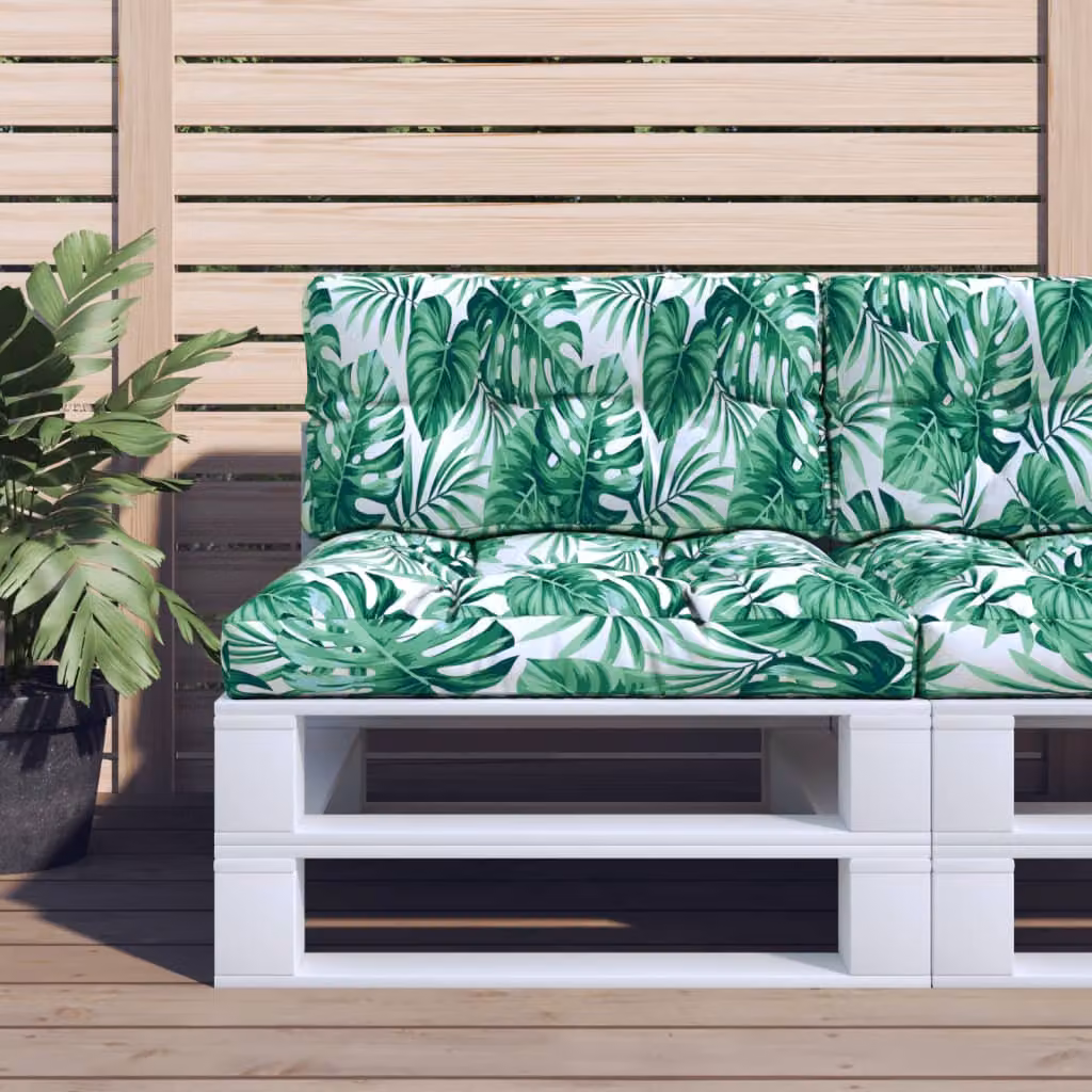 Set di 2 cuscini per pallet vidaXL con motivo a foglie, colore verde, in poliestere resistente all'acqua e ai raggi UV, forma rettangolare, L/P/H: 70 x 70 x 12 cm