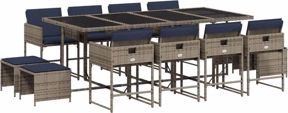 Set da pranzo da giardino da 13 pz con Cuscini in Polyrattan Grigio
