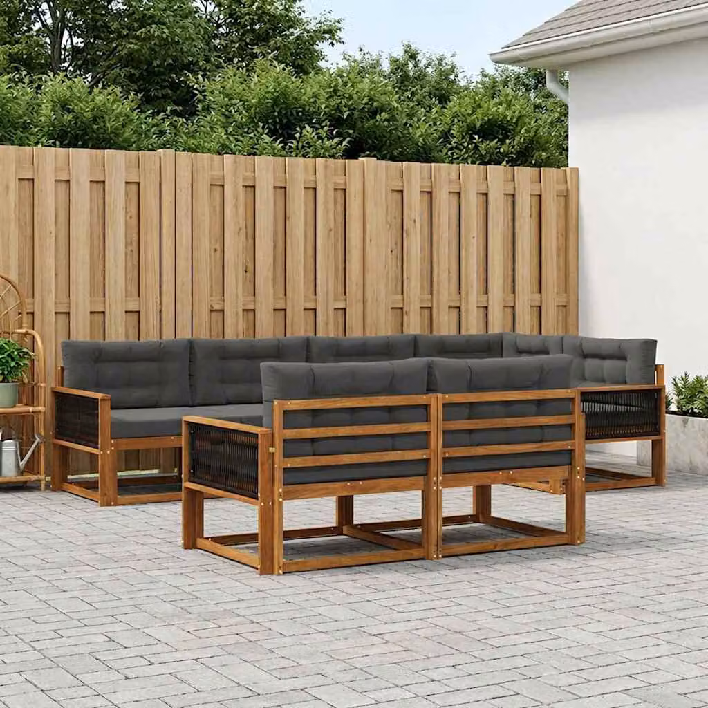 vidaXL Set di divani da esterno a forma di U composto da 8 pezzi in legno di acacia con cuscini color antracite e marrone naturale