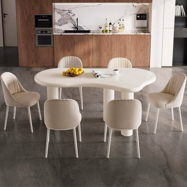 Set tavolo da pranzo per 6 persone, bianco, con sedie imbottite, design minimalista e salvaspazio