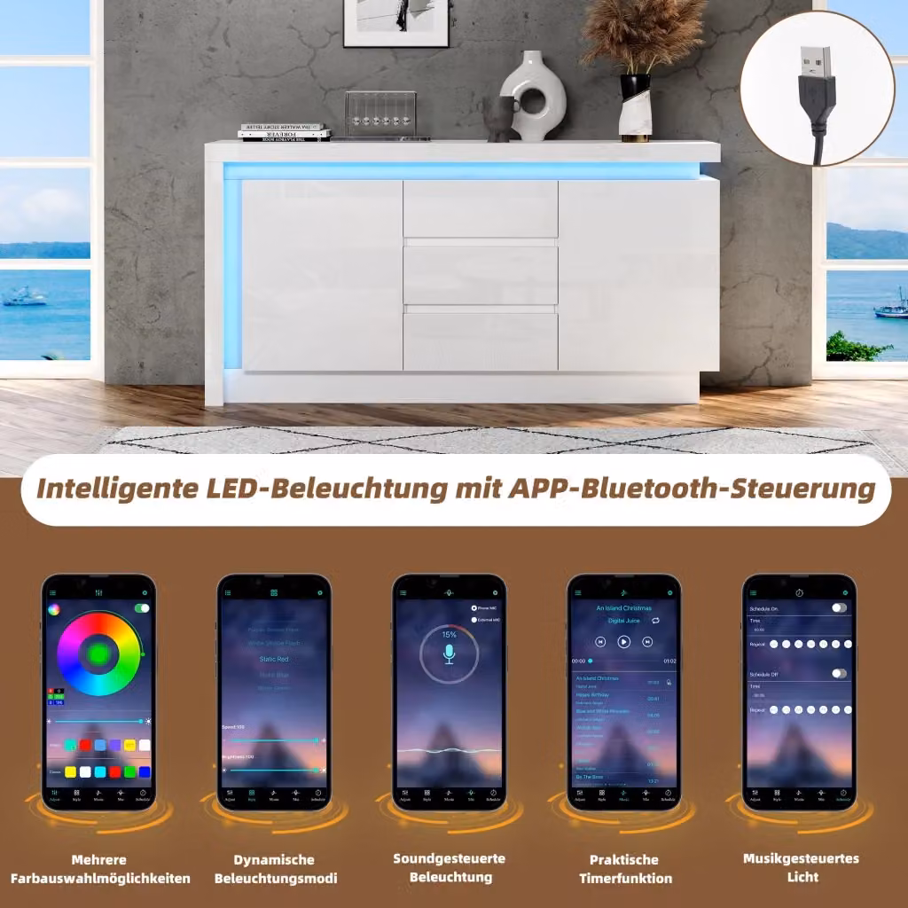Sideboard moderno REDOM bianco lucido con illuminazione LED, 3 cassetti soft-close e 2 ante, L 140 cm x P 35 cm x H 72 cm – 2