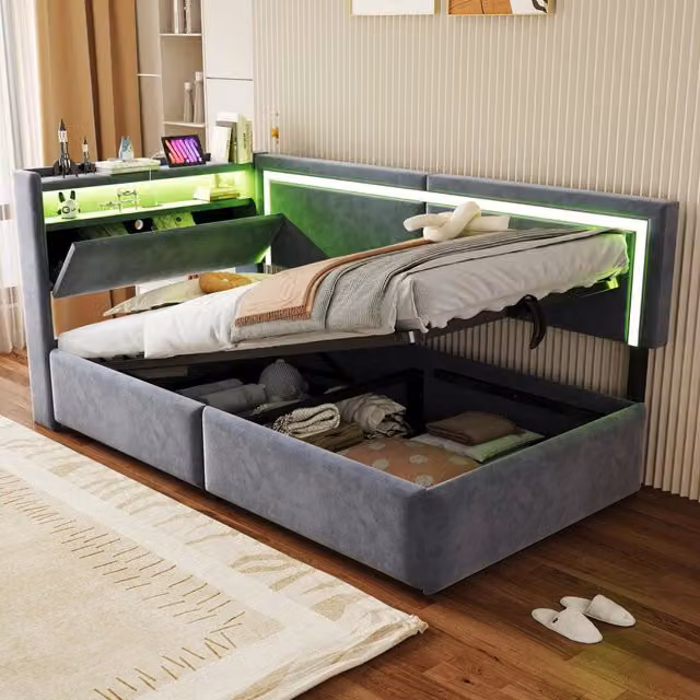 Letto divano singolo 90×200 cm con LED regolabile, USB, mensole e contenitore idraulico, senza materasso, grigio