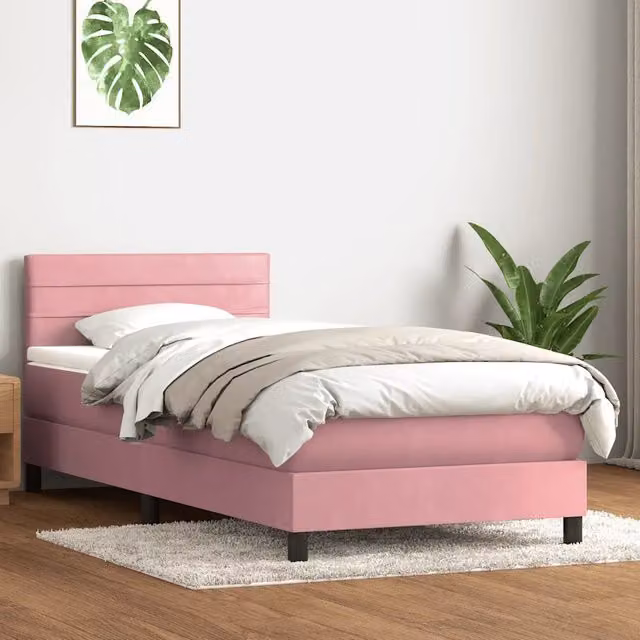 Letto con Giroletto a Molle e Materasso Ibrido vidaXL in Velluto Rosa e Bianco L: 80 cm, P: 223 cm, H: 151 cm – 1