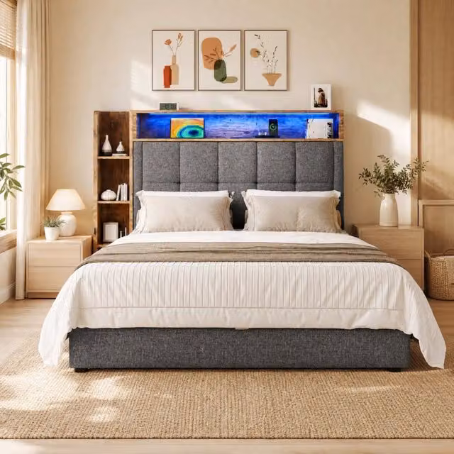 Letto imbottito 90x200 cm con funzione di ricarica USB Tipo-C, LED multicolore e spazio contenitivo multifunzionale, struttura in lino grigio