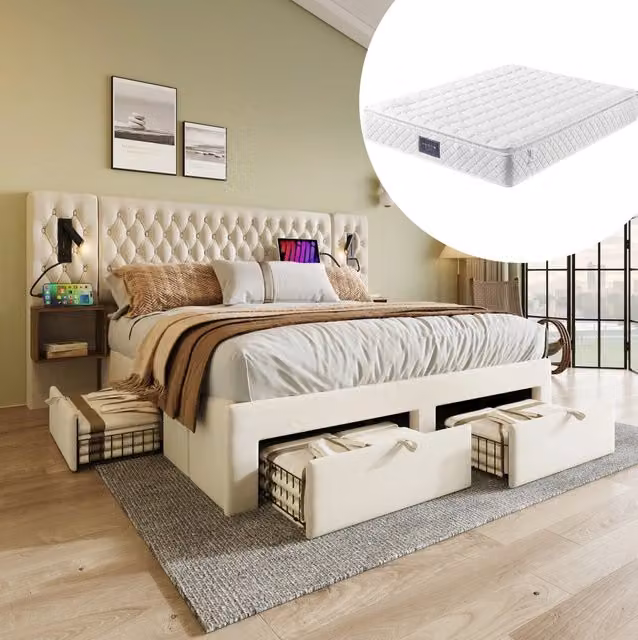 Letto imbottito in velluto 160x200 cm con materasso; 2 comodini; 4 cassetti; USB/Type-C e lampade da lettura; beige