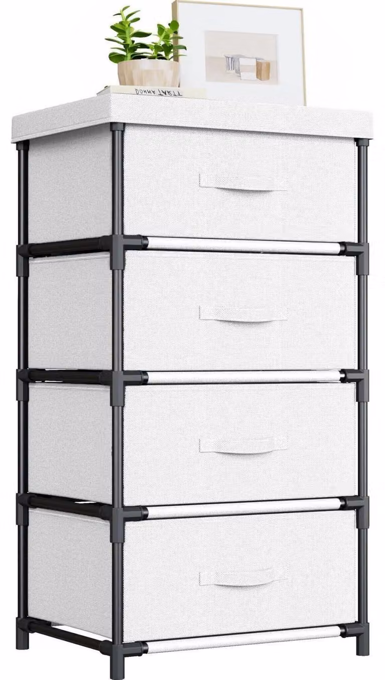 Comodino in tessuto con 4 cassetti, dimensioni 85x44x34 cm, colore bianco