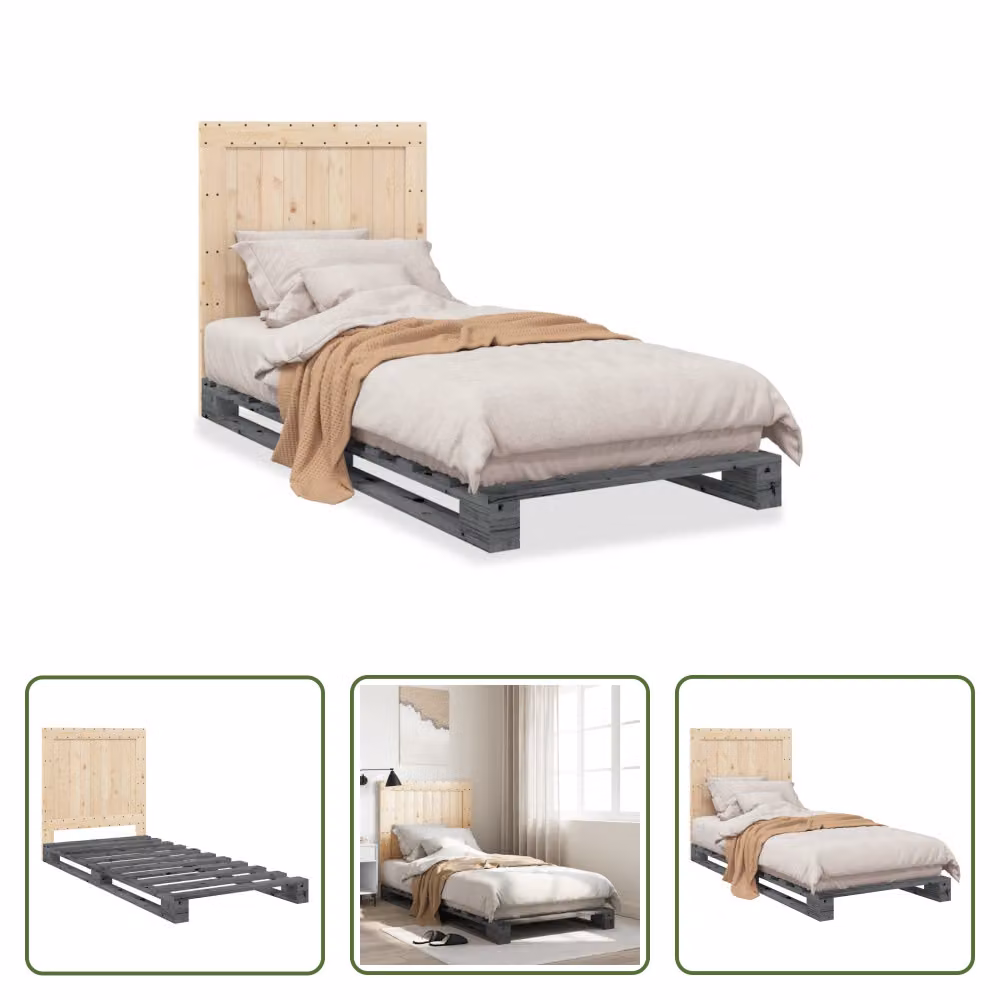The Living Store Letto in legno massiccio con testiera grigio 90x200 cm pino